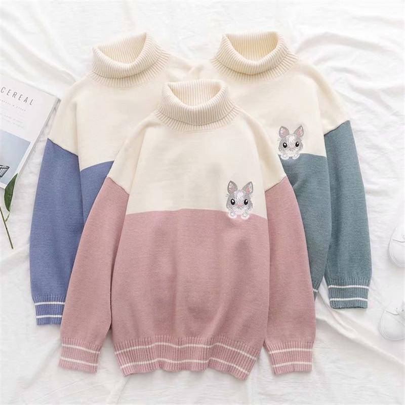 Kawaiifashion Women's Sweet Contrast Color Turn Collar Little Bunny Loose Sweaters