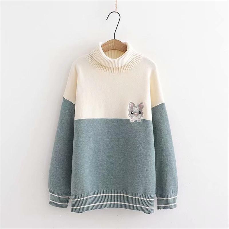 Kawaiifashion Women's Sweet Contrast Color Turn Collar Little Bunny Loose Sweaters