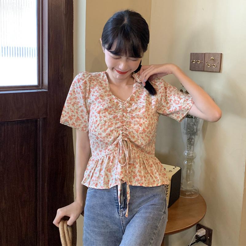 Camisas de gasa floral con cordón dulce para mujer-Kawaiifashion