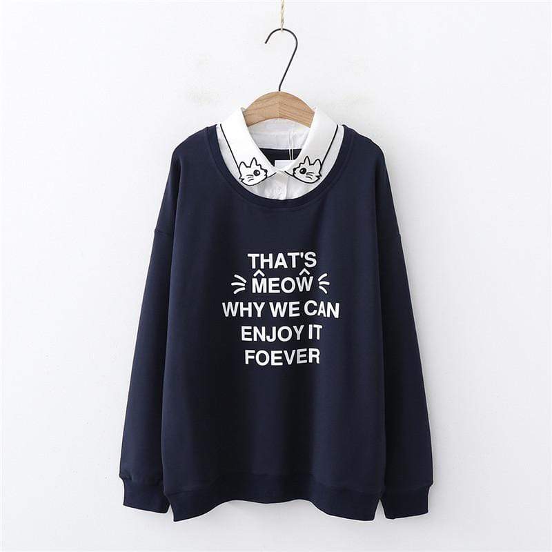 Kawaiifashion Women's Sweet English Embroidered Sweaters Splicing Cats Collar Shirts