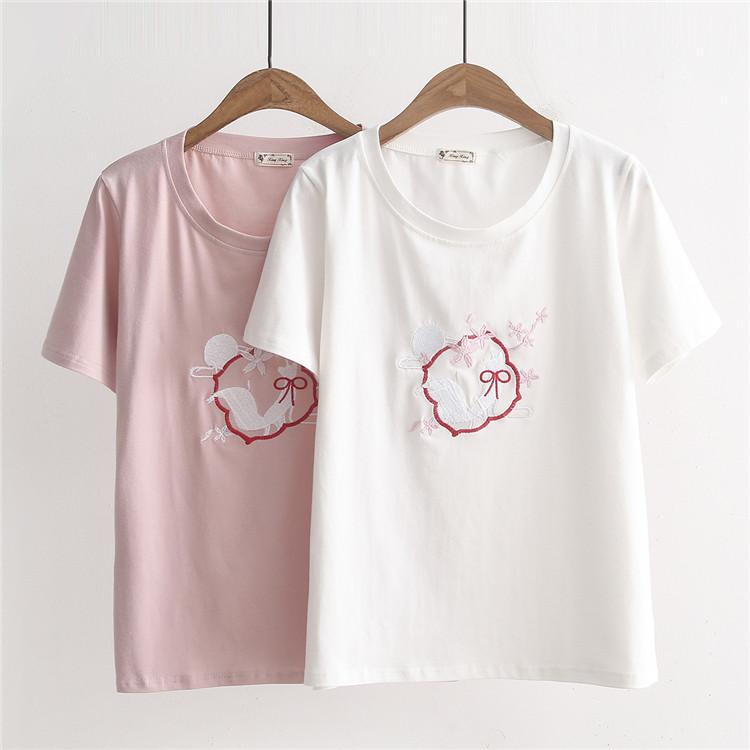 Kawaiifashion レディース スウィート フォックス 刺繍 ピュア カラー T シャツ