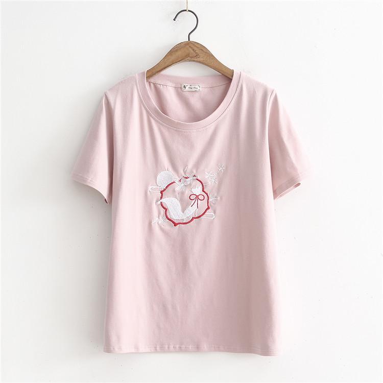 Kawaiifashion - Camisetas de color puro bordadas con zorro dulce para mujer