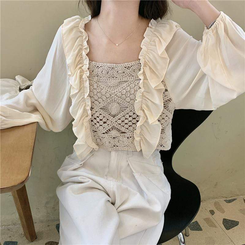 Women's Sweet Hollow Crochet Long Sleeved Shirts-Kawaiifashion