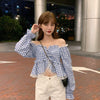 Women's Sweet Lace Spliced Plaid Lace-up Shirts-Kawaiifashion
