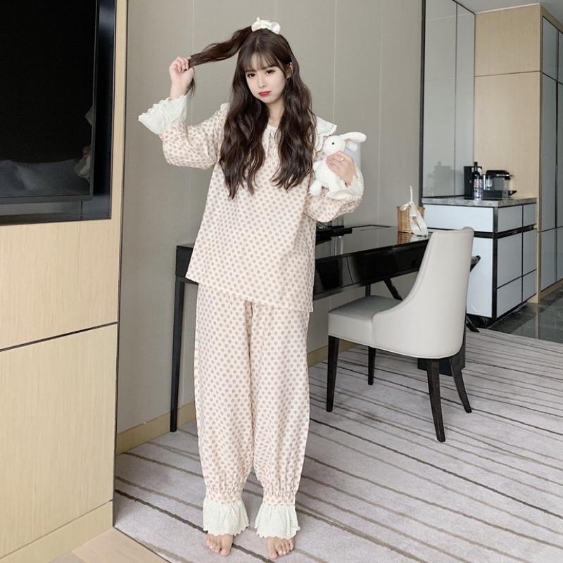 Pijama con mangas de cuerno en tonos de encaje dulce para mujer, un conjunto-Kawaiifashion