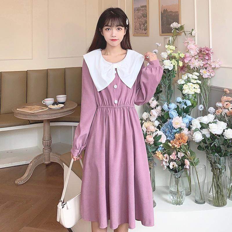 Women's Sweet Large Lapel Pure Color High-waisted Dresses