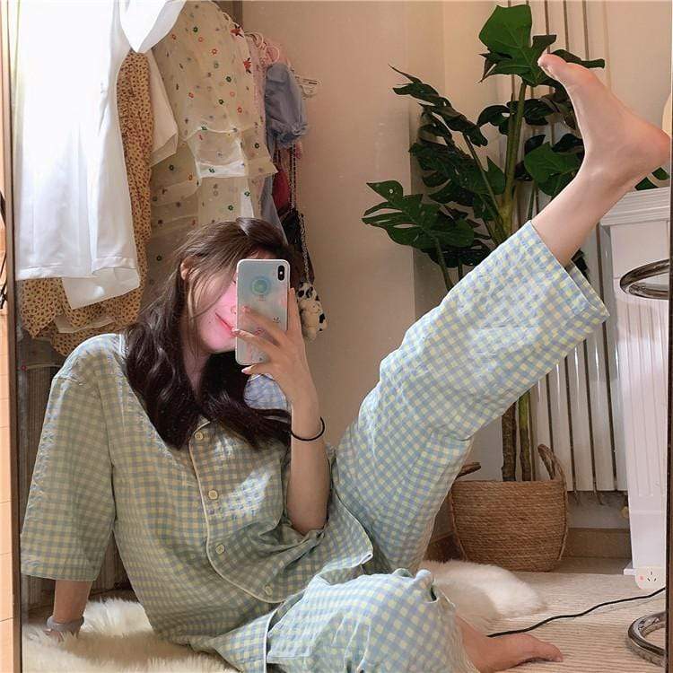 Women's Sweet Loose Plaid Pajamas-Kawaiifashion