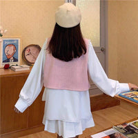 Kawaiifashion Women's Sweet Puff Sleeved Iregular Hem Shirts With Pink Vests