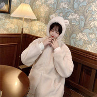 Kawaiifashion Women's Sweet Pure Color Front Zip Winter Coats With Bear Ear Hood