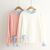 Kawaiifashion Women's Sweet Pure Color Lace-up Ripped Loose Sweaters Splicing Falbala Striped Shirts