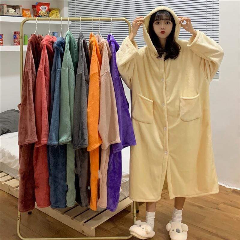 Kawaiifashion Women's Sweet Pure Color Velet Hooded Night Dresses With Pockets
