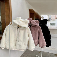 Kawaiifashion Abrigos de invierno de terciopelo de color puro dulce para mujer con capucha