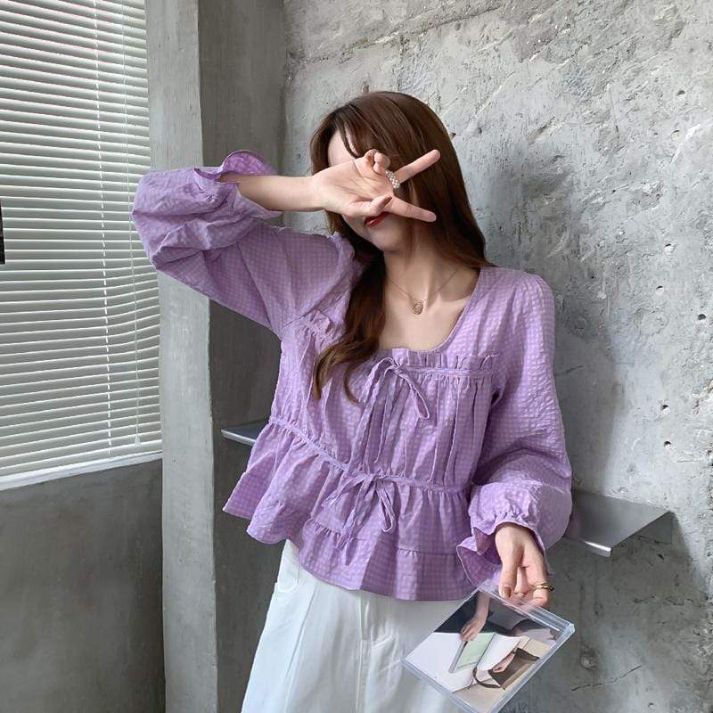 Women's Sweet Ruffles Lace-up Flare Sleeved Shirts-Kawaiifashion