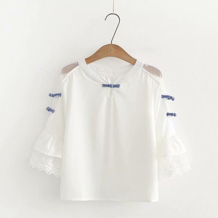 Kawaiifashion Camisas con mangas con dobladillo desordenado y transparentes para mujer