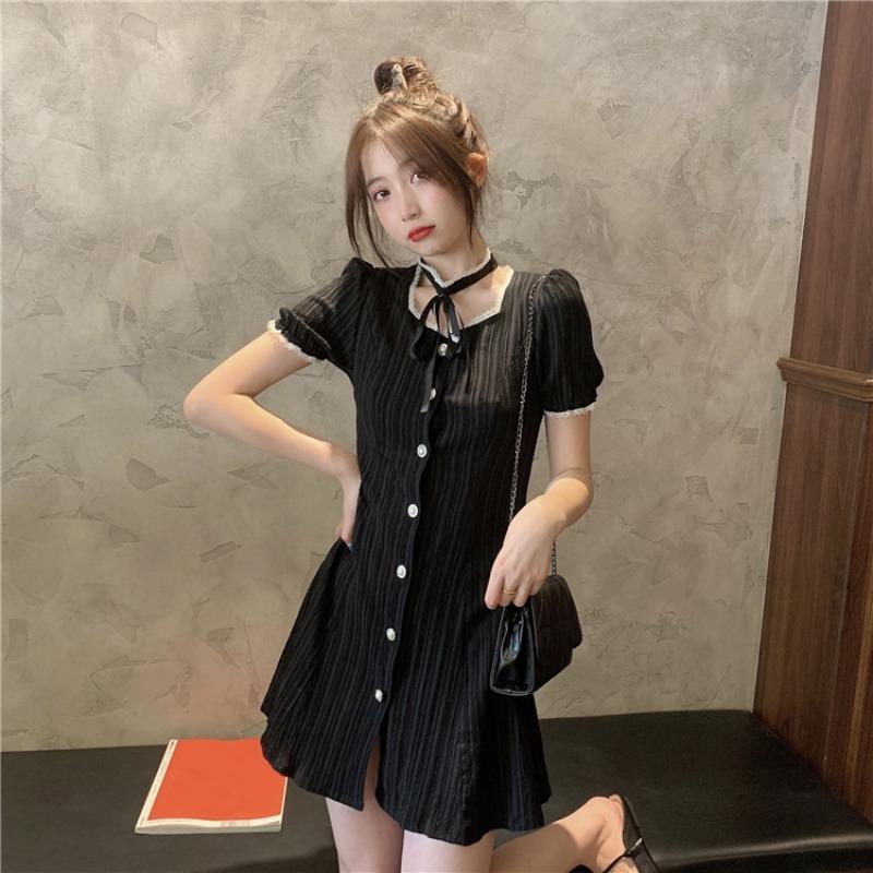 Women's Sweet Single-breasted Slim Fitted A-line Dresses-Kawaiifashion