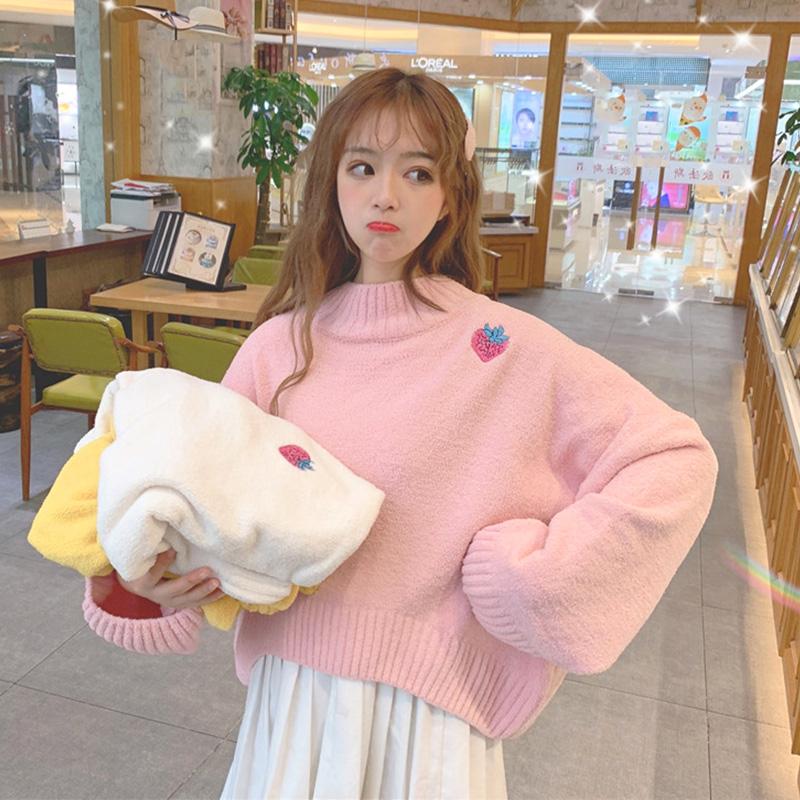 Kawaiifashion suéteres de manga abullonada de color puro de fresa dulce para mujer