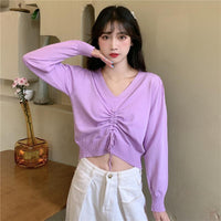 Women's Sweet V-neck Drawstrings Pure Color Tops  
