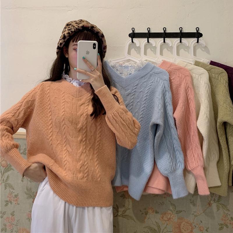 Kawaiifashion Women's Sweet V-neck Lace Collar Pure Color Sweaters 
