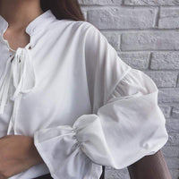 Camisa de cordones con mangas de cuerno tonificado para mujer-Kawaiifashion