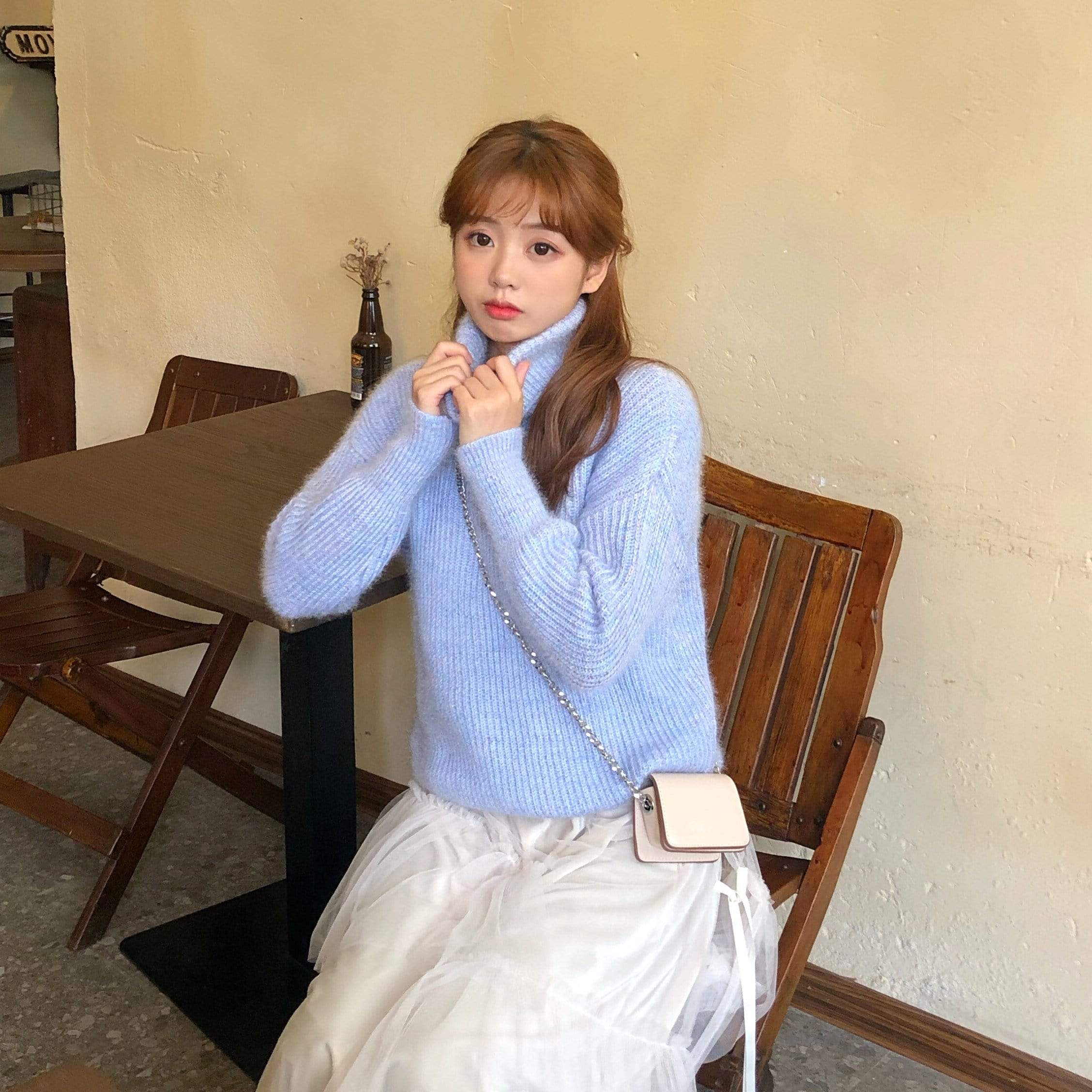 Damen-Sweatshirt mit Rollkragen, gestrickt, locker, Kawaii-Mode