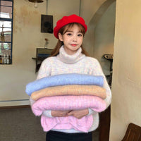 Damen-Sweatshirt mit Rollkragen, gestrickt, locker, Kawaii-Mode