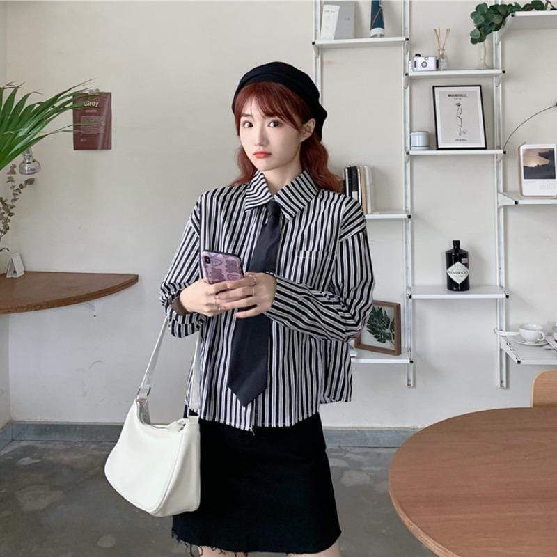 Camisas de manga larga de rayas verticales para mujer con corbata-Kawaiifashion