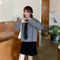 Women's Vertical Stripes Long Sleeved Shirts With Tie-Kawaiifashion