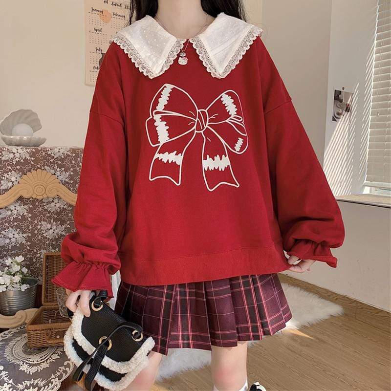 Kawaiifashion suéteres sueltos con estampado de lazo grande vintage para mujer