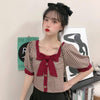 Women's Vintage Bowknot Contrast Color Plaid Shirts-Kawaiifashion