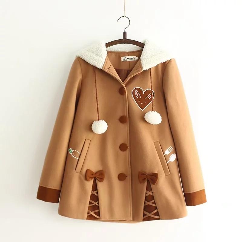 Kawaiifashion Women's Vintage Bunny And Carrot Printed Bownknot Lace-up Winter Coats