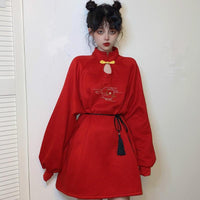 Kawaiifashion - Vestidos florales de lunares con botones chinos vintage para mujer con cinturón