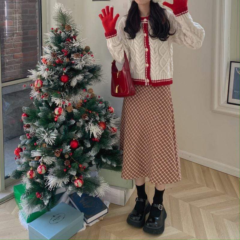 Kawaiifashion - Faldas y cárdigans a cuadros navideños con contraste vintage para mujer