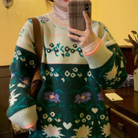 Kawaiifashion suéteres de rayas florales de color en contraste vintage para mujer