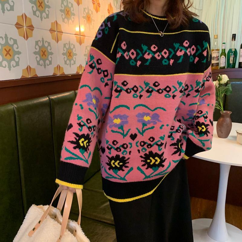 Kawaiifashion Damen-Pullover im Vintage-Stil mit Kontrastfarben und Blumenmuster