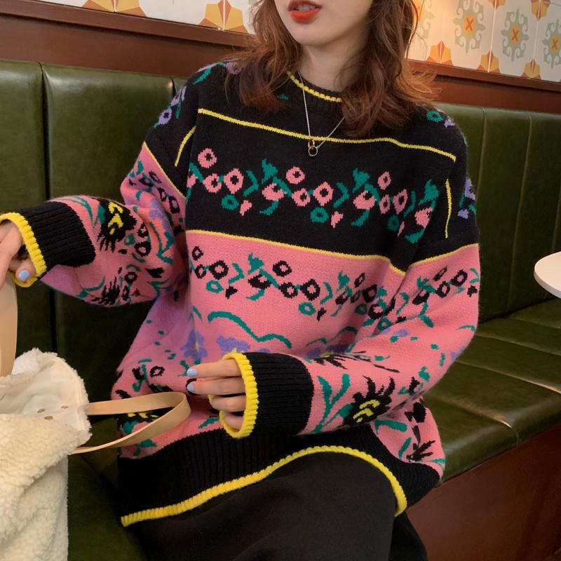 Женские винтажные контрастные цветные полосатые свитера с цветочным рисунком Kawaiifashion