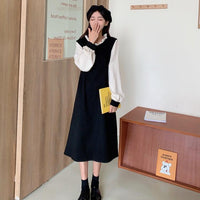 Women's Vintage Contrast Color Puff Sleeved Shirts Spliting A-line Skirts