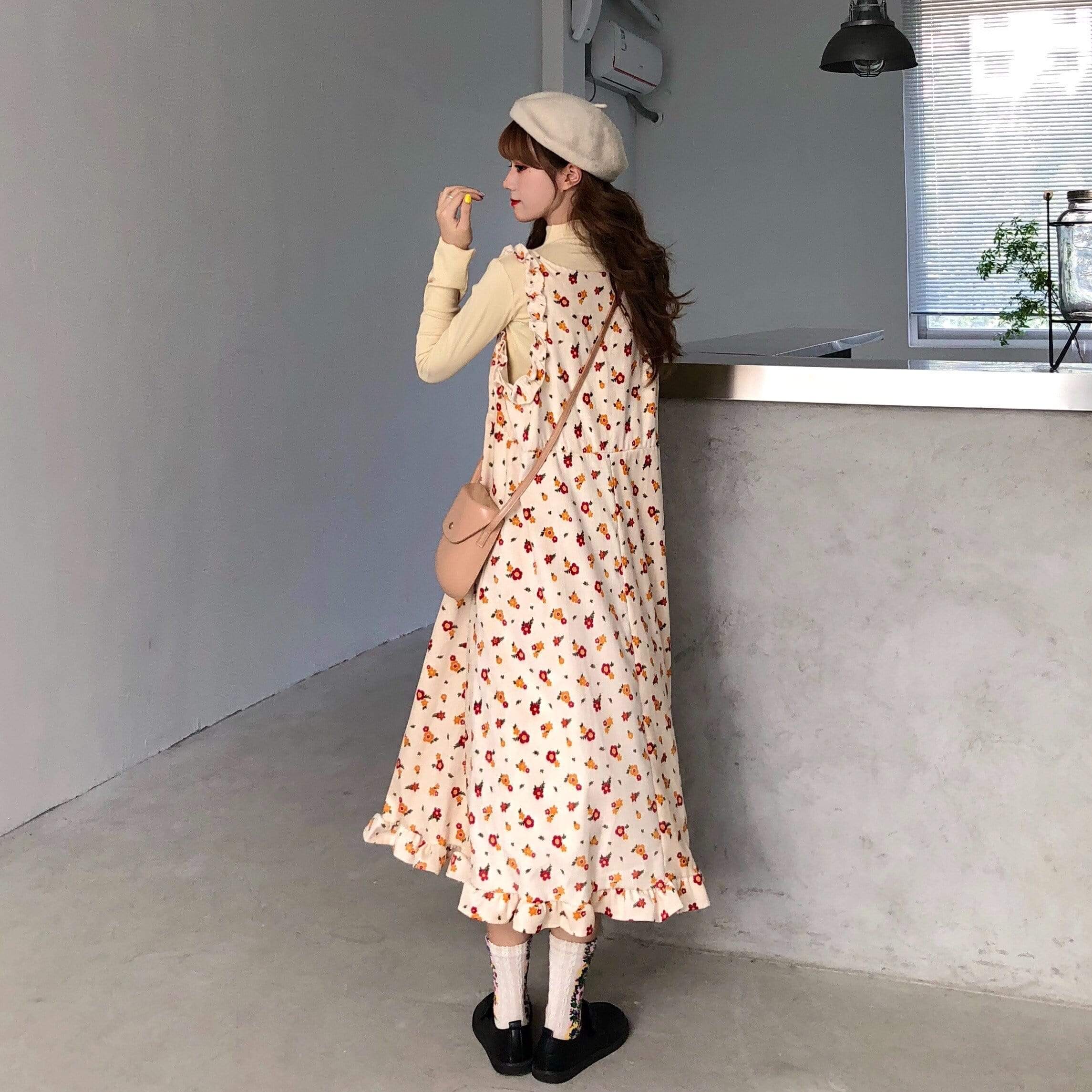 Женские винтажные вельветовые платья-комбинация с цветочным рисунком и толстовками из чистого цвета Kawaiifashion