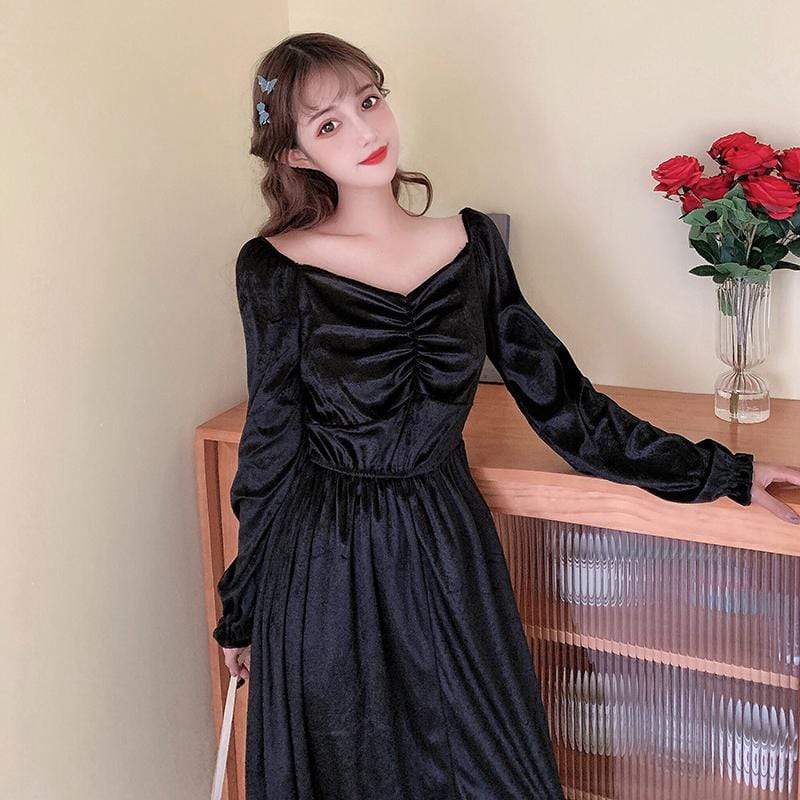 Vintage-Kleider aus schwarzem Samt mit hoher Taille für Damen – Kawaiifashion