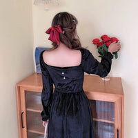 Robes vintage taille haute en velours noir pour femmes-Kawaiifashion