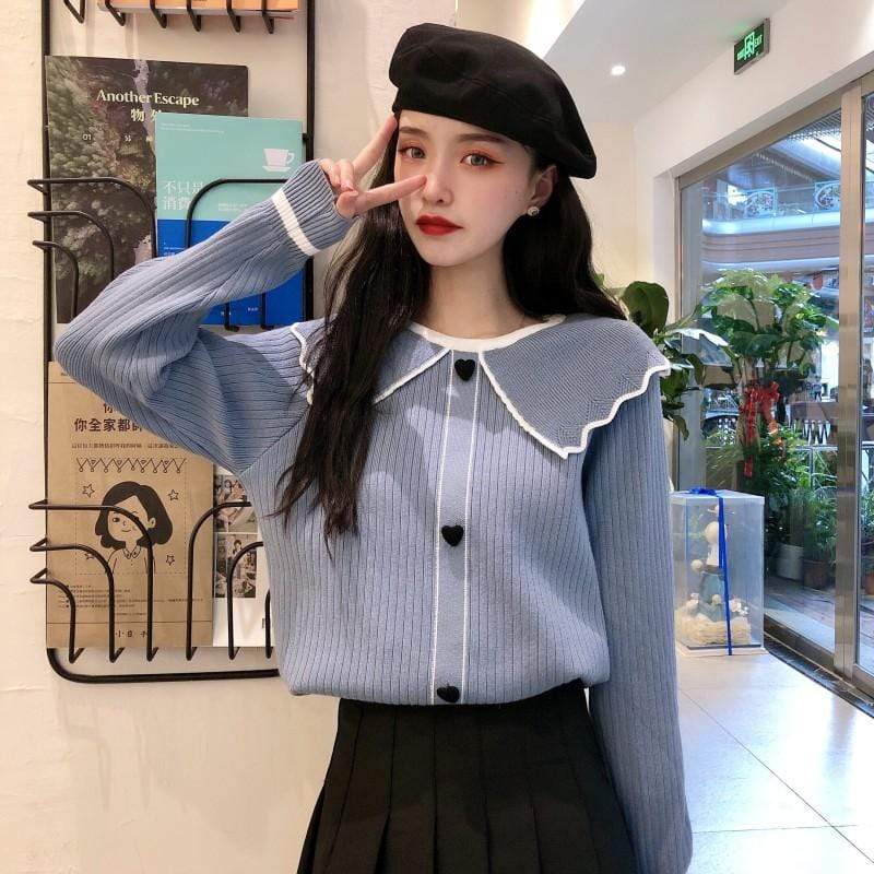 Kawaiifashion Women's Vintage Lapel Contrast Color Knitted Sweaters With Hearts Button