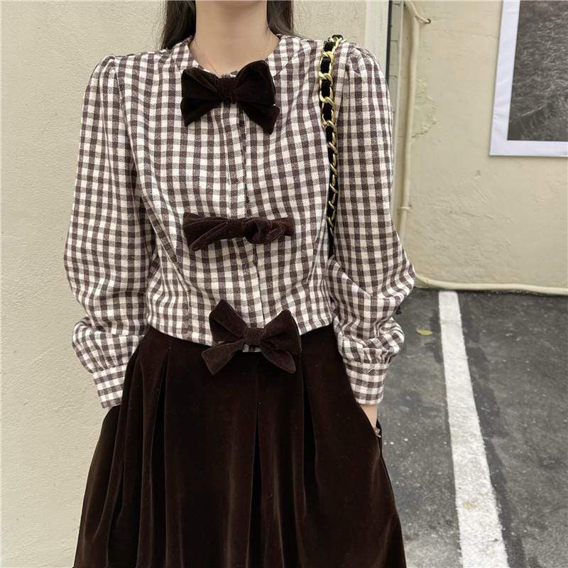 Kawaiifashion Women's Vintage Plaid Velet Bowknot Tops With Pure Color Velet Skirts