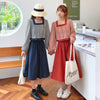 Women's Vintage Puff Sleeved Plaid Tops and Pure Color Circle Skirts   
