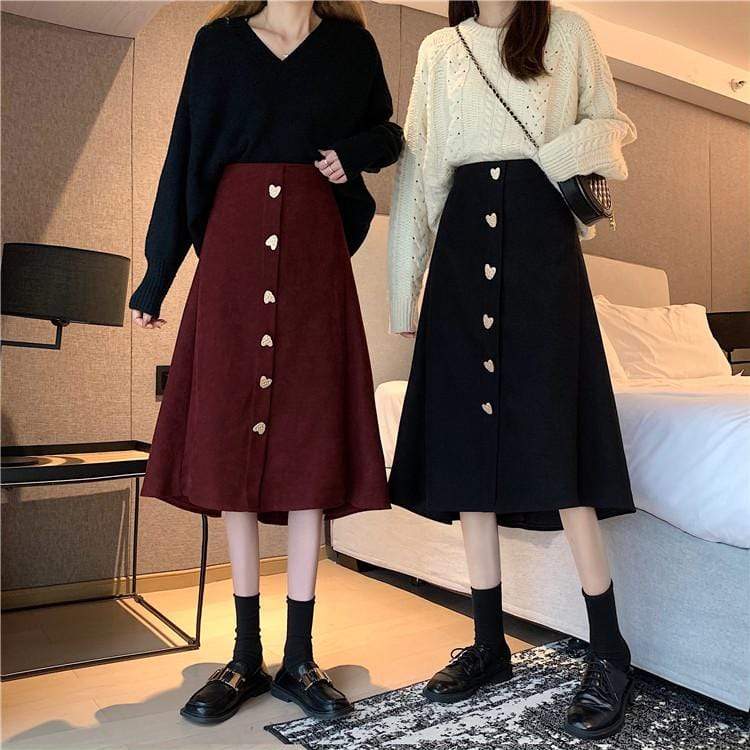 Kawaiifashion Damen-A-Linien-Röcke im Vintage-Stil in reiner Farbe mit Herzschnallen