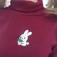 Kawaiifashion Women's Vintage Pure Color Rabbit Embroidered Turtlenecks