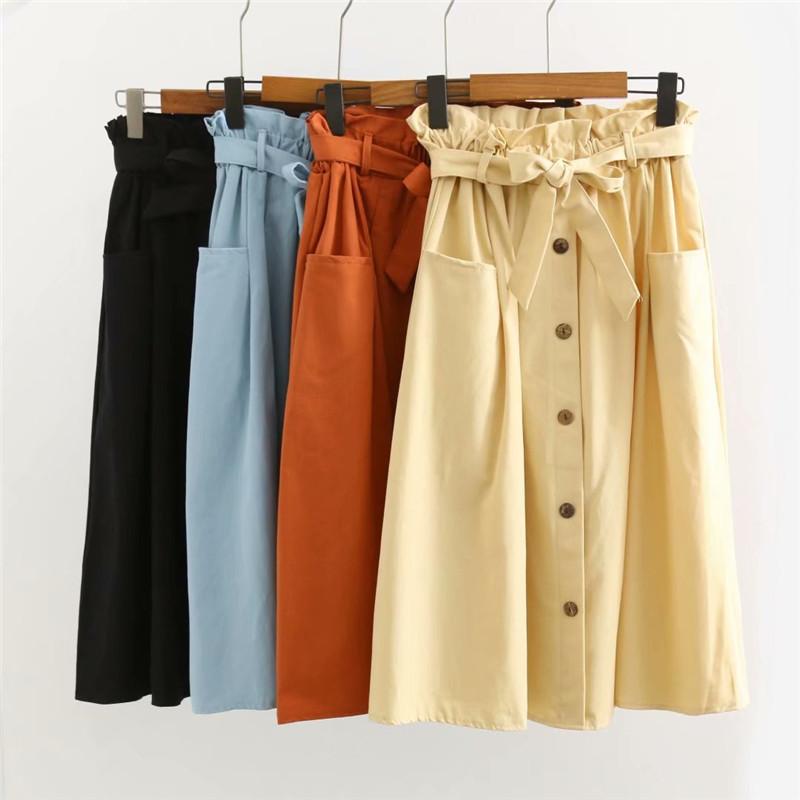 Kawaiifashion Women's Vintage Single-breasted A-line Skirts With Bowknot Belt