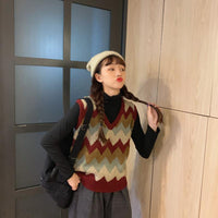 Chalecos de lana de color en contraste con cuello en V vintage para mujer-Kawaiifashion