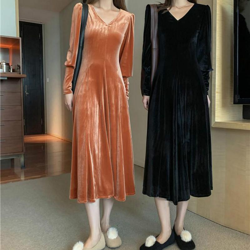 Kawaiifashion Robes longues vintage à col en V ajustées en velet pour femmes