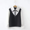 Kawaiifashion Women's Vintage V-neck Pure Color Knitted Vests Splicing Bowknot Plaid Shirts