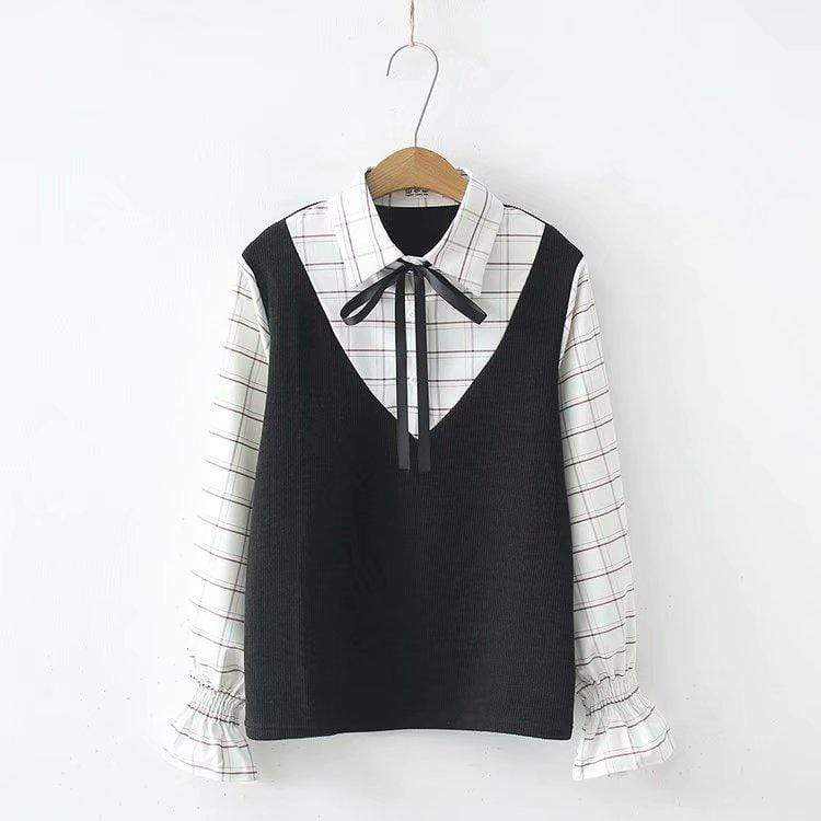 Kawaiifashion Women's Vintage V-neck Pure Color Knitted Vests Splicing Bowknot Plaid Shirts