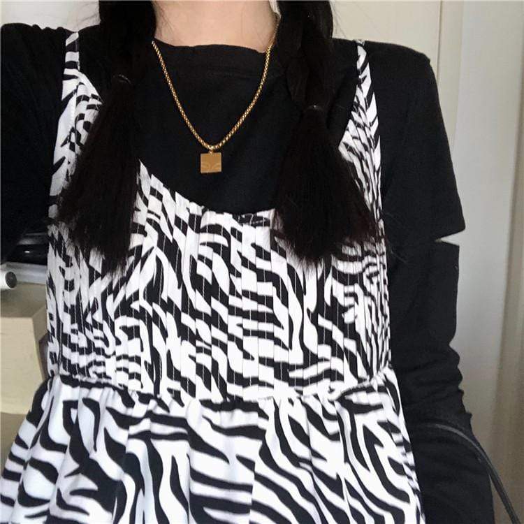 Kawaiifashion Women's Vintage Zebra-stripe Slip Dresses With Ripped T-shirts